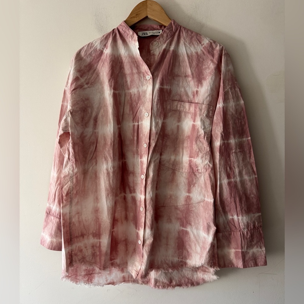 Zara Pink and White Tie Dye Oversized Long Sleeve Button Down Shirt Raw Hem